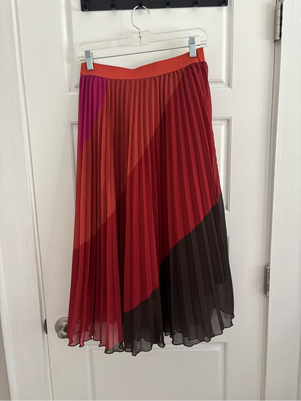 WD.NY Colorblock Pleated Midi Skirt in Red, Pink & Black